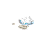 Box of medium 20mm finger cots with several beige finger cots displayed on white background