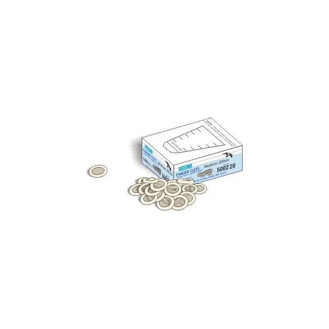 Box of medium 20mm finger cots with several beige finger cots displayed on white background