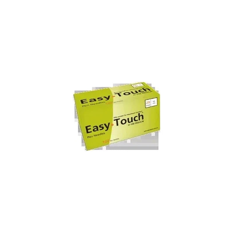 Box of Easy Touch pen needles for insulin injection, yellow packaging, 100 count