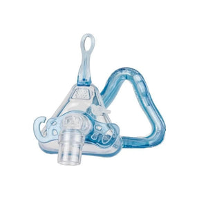 Clear blue CPAP nasal mask for sleep apnea therapy, isolated on white background