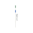 Sterile intermittent catheter with green funnel and blue grip, single-use medical supply