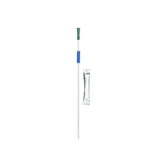 Sterile intermittent catheter with green funnel and blue grip, single-use medical supply