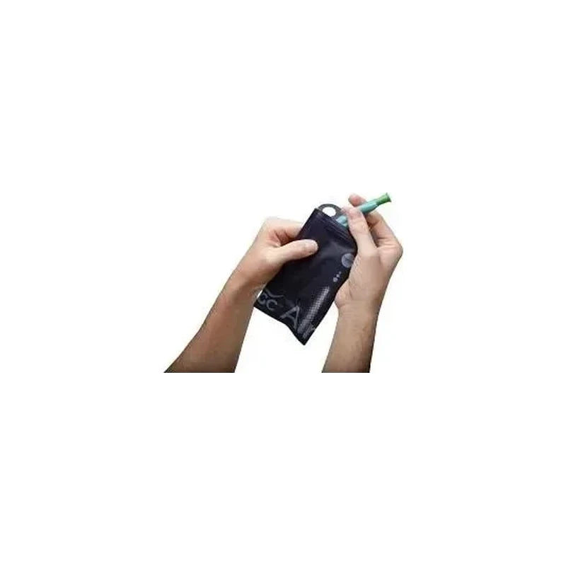 Hands holding a black medical pouch with a green catheter for home healthcare use