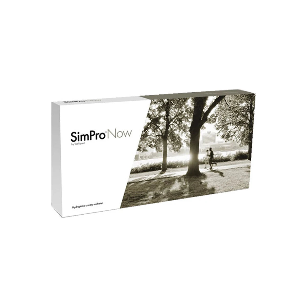 SimPro Now hydrophilic urinary catheter box with outdoor park scene on packaging