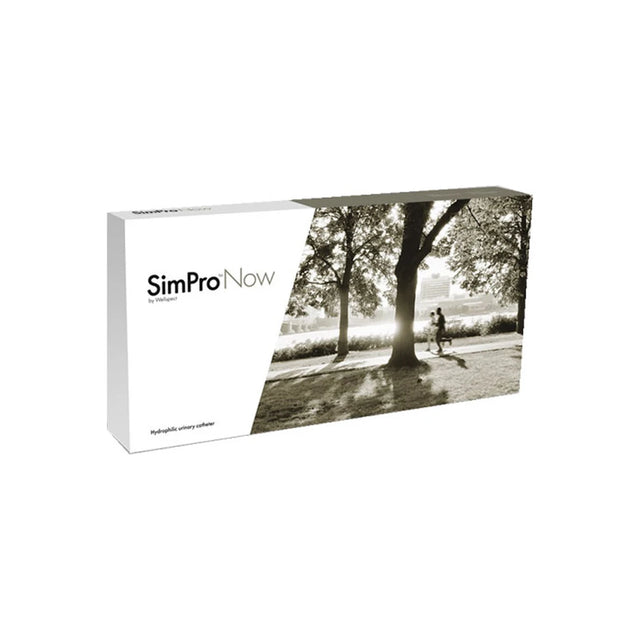 SimPro Now hydrophilic urinary catheter box with outdoor park scene on packaging