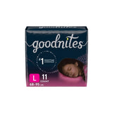 Goodnites nighttime underwear large size 11 count package with sleeping child illustration