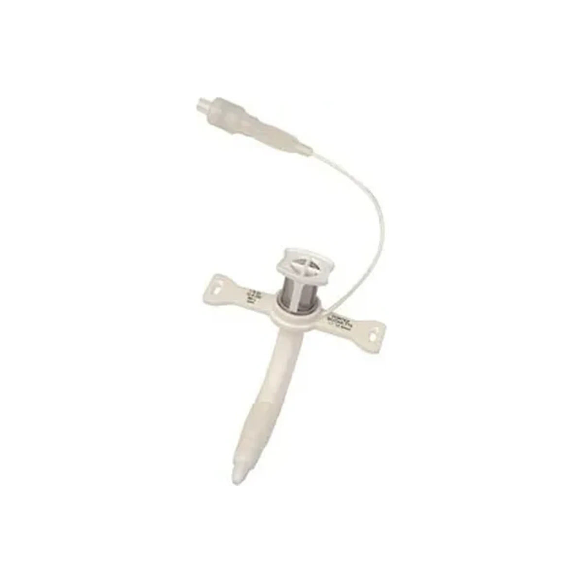 Medical tracheostomy tube with neck flange and connector on white background