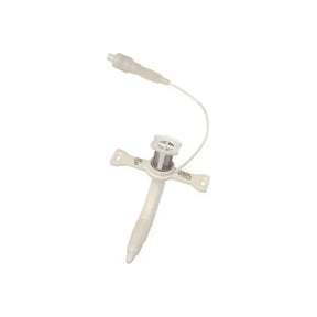 Medical tracheostomy tube with neck flange and connector on white background