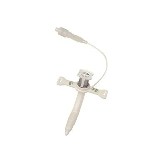 Medical tracheostomy tube with neck flange and connector on white background