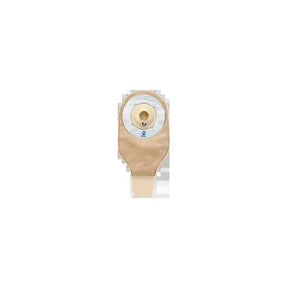 Beige one-piece ostomy pouch with adhesive barrier for stoma care