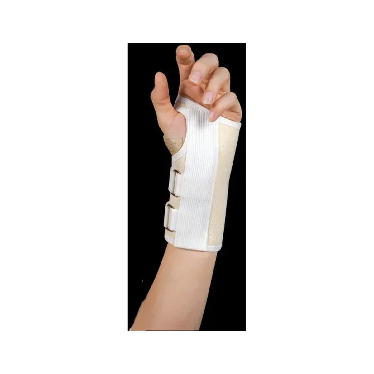 White wrist and thumb support brace with adjustable straps on a person's hand.