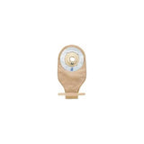 Beige ostomy pouch with circular adhesive barrier for stoma care, centered on white background.