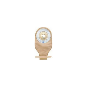 Beige ostomy pouch with circular adhesive barrier for stoma care, centered on white background.