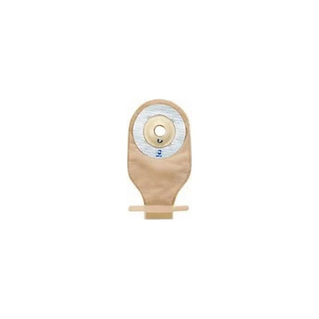 Beige ostomy pouch with circular adhesive barrier for stoma care, centered on white background.