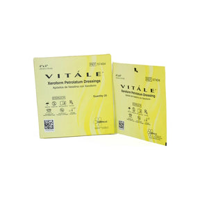 Vitale Xeroform petrolatum dressings 4x4 inch sterile medical wound care pads in yellow packaging