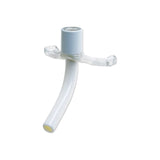 Curved tracheostomy tube with clear neck flange on white background, medical supply device