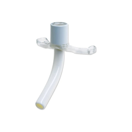 Curved tracheostomy tube with clear neck flange on white background, medical supply device