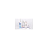 Saline wound flush bottles and medical supplies for wound care on a white background.