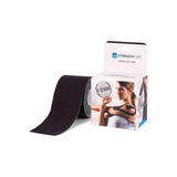 Black kinesiology tape roll with packaging showing a woman using tape on shoulder