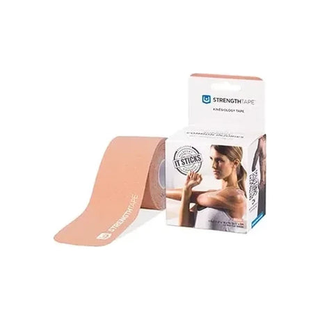 Beige kinesiology tape roll and packaging for muscle support and pain relief