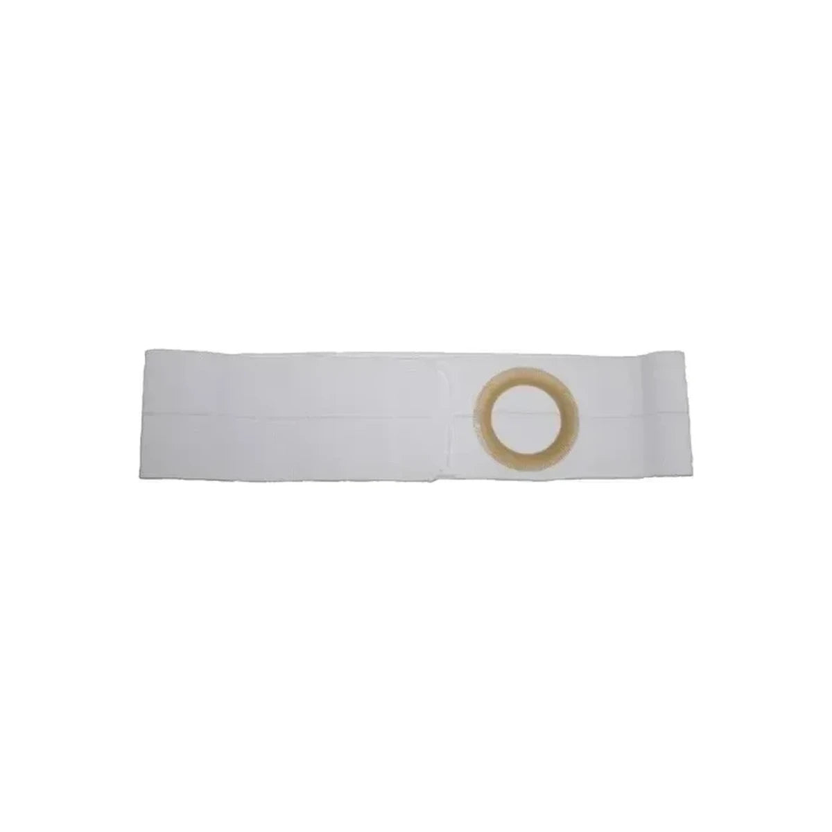White medical ostomy belt with central round opening for stoma support