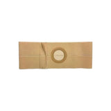 Beige ostomy support belt with circular opening for medical use, displayed on white background.