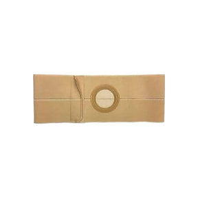 Beige ostomy support belt with circular opening for medical use, displayed on white background.