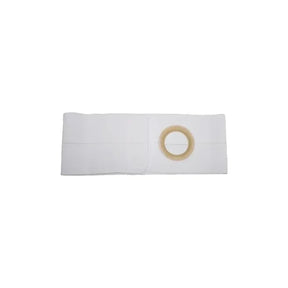 White ostomy belt with round opening for medical support, isolated on white background.