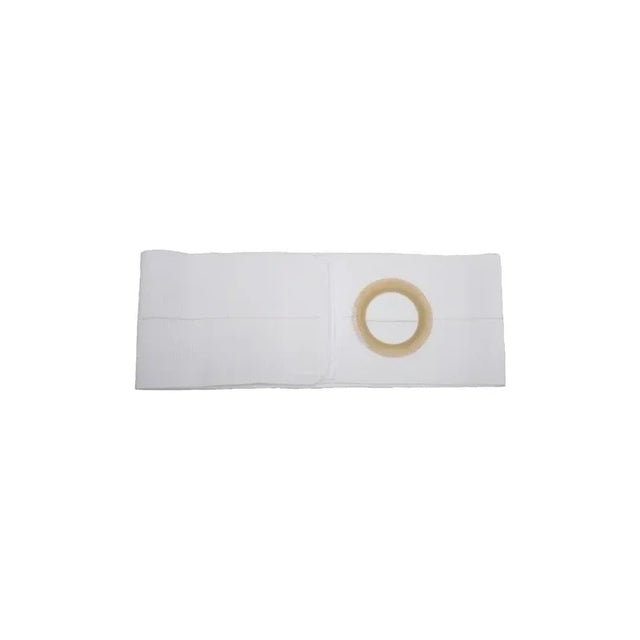 White ostomy belt with round opening for medical support, isolated on white background.