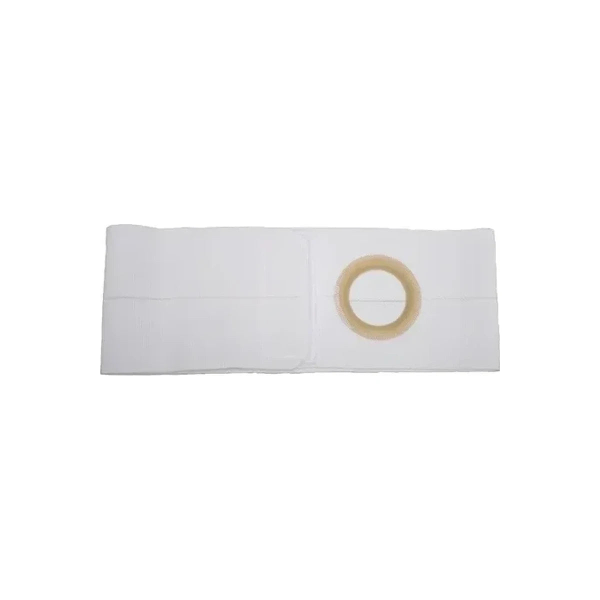 White medical ostomy belt with round opening for ostomy pouch support.