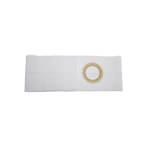 White medical ostomy belt with round opening for ostomy pouch support.