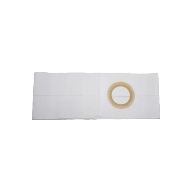 White ostomy belt with beige circular opening for stoma support on plain background