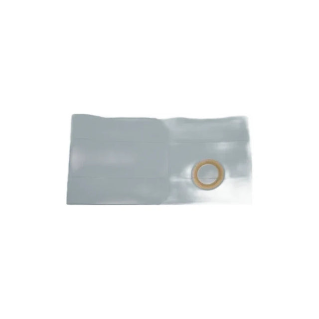 Transparent medical ostomy pouch with circular adhesive barrier on white background