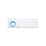 White ostomy belt with blue ring for medical support, laid flat on white background