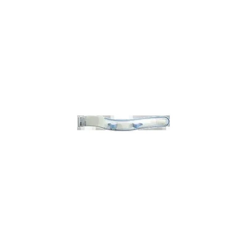 Sterile medical catheter with blue fittings in clear packaging on white background