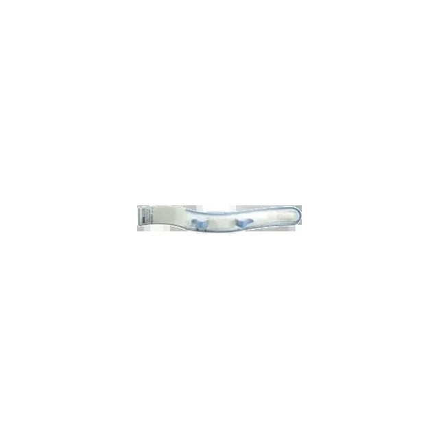 Sterile medical catheter with blue fittings in clear packaging on white background