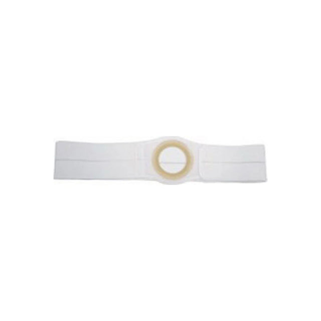 White ostomy belt with central round opening for medical support