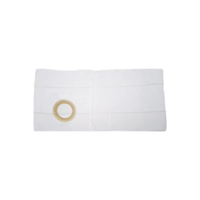 White ostomy support belt with circular opening for medical appliance