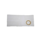 White ostomy support belt with adjustable waistband and circular stoma opening