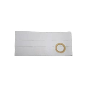 White ostomy support belt with adjustable waistband and circular stoma opening