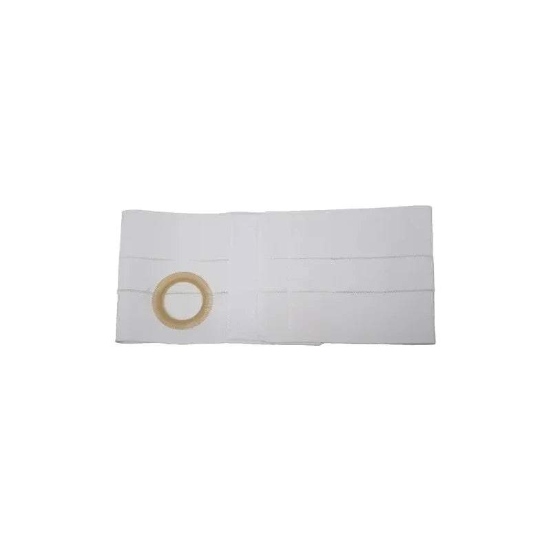 White ostomy hernia belt with circular opening for medical stoma support