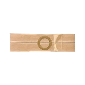 Beige elastic ostomy belt with circular opening and adjustable closure for medical support