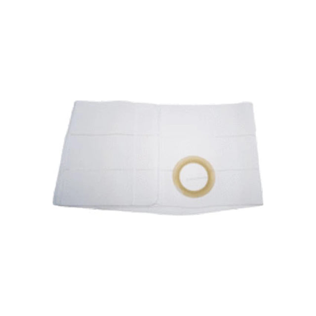 White ostomy belt with round opening for stoma support, used in medical care