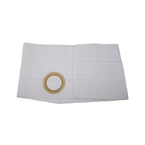 White ostomy support belt with circular opening for medical stoma care