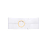 White ostomy belt with circular opening for medical support and stoma care