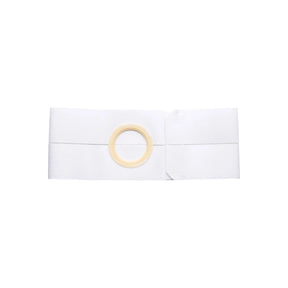 White ostomy belt with circular opening for medical support and stoma care