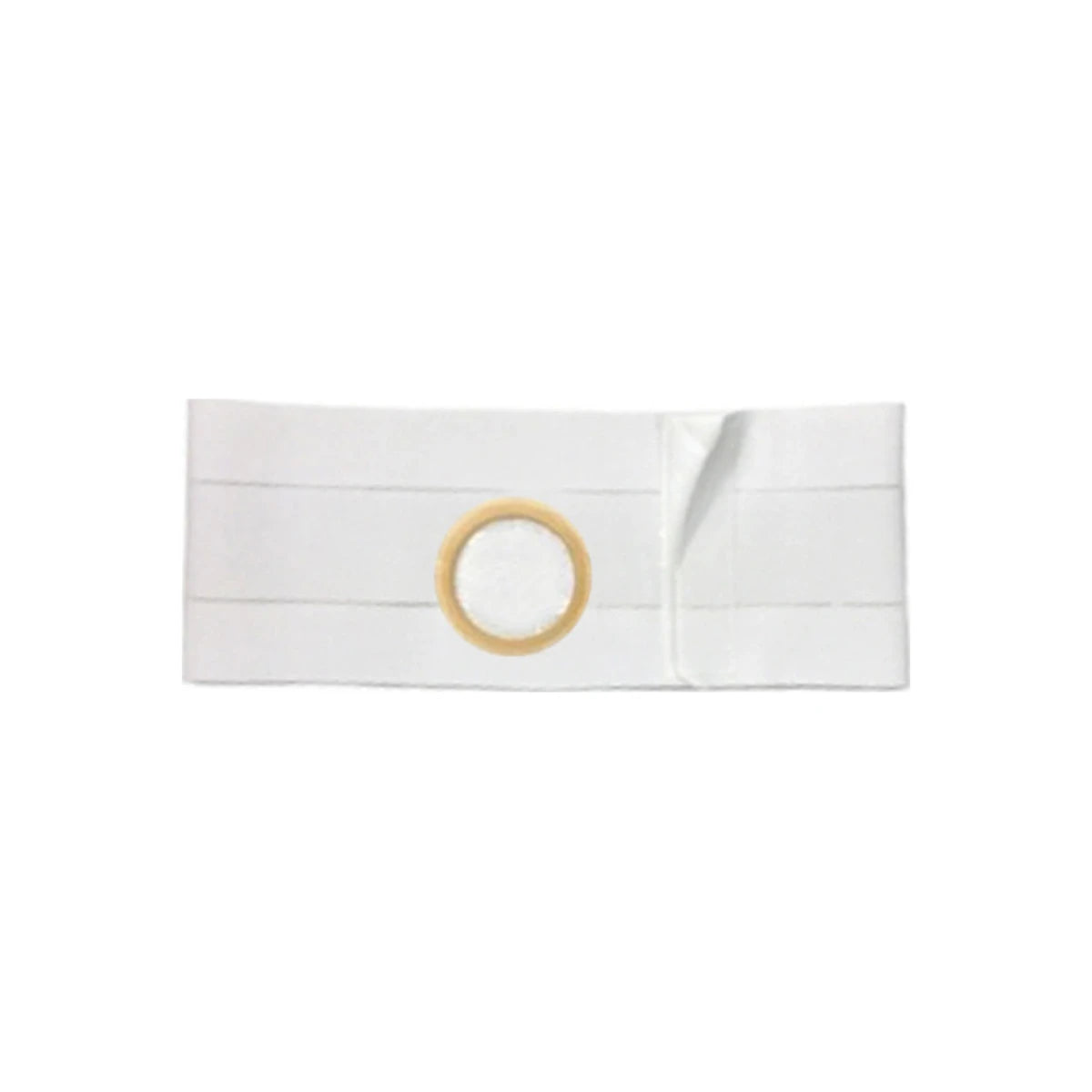 White ostomy belt with central round opening for medical support and secure fit