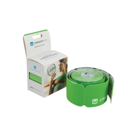 Green kinesiology tape roll with box for muscle support and pain relief