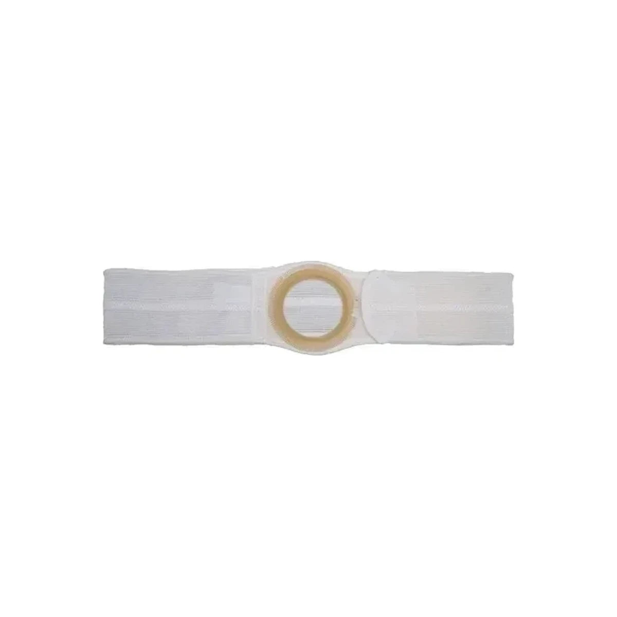 Ostomy support belt with circular opening and adjustable white elastic straps