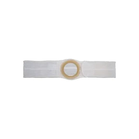 Ostomy support belt with circular opening and adjustable white elastic straps